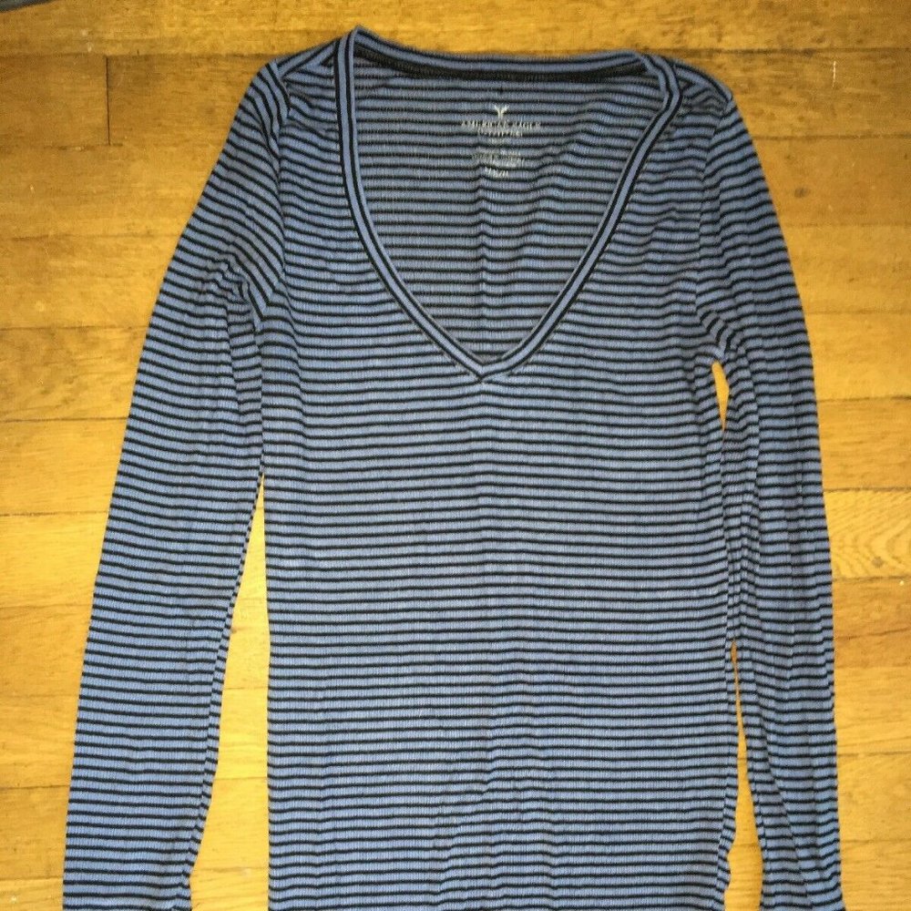AE american long line ribbed blue striped shirt v neck top medium women junior